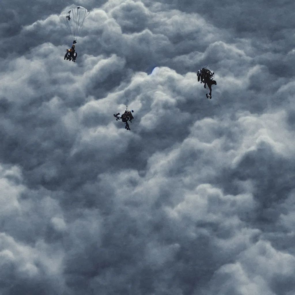 Image similar to a scubadiver floating above the clouds, closeup, digital illustration