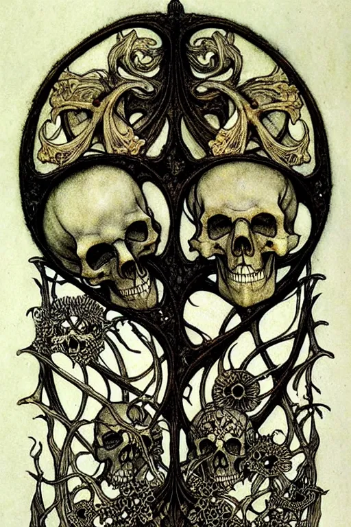 Prompt: memento mori by arthur rackham, detailed, art nouveau, gothic, intricately carved antique bone, skulls, botanicals, horizontal symmetry