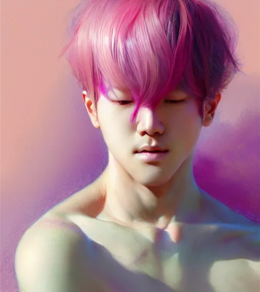 Image similar to pink haired bts jimin, muted colors, colorful flowers, sunlight filtering through skin, by alan lee, wlop, illustrated by starember, fantasy art by craig mullins cfg _ scale 9