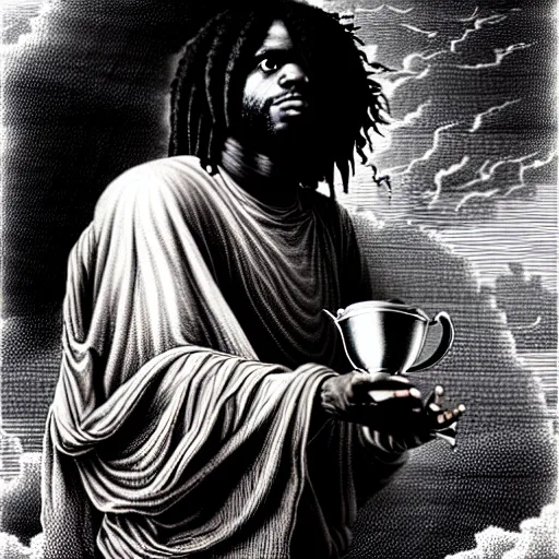 Image similar to cheef keef ascending into heaven holding cup of lean, biblical image, style of gustave dore, highly detailed, beautiful, high contrast, black and white