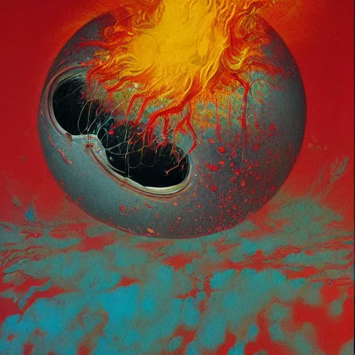 Image similar to a sphere being devoured by abstract splatters of paint in the style of francis bacon, venus being engulfed in flames in the style of james jean, surreal, beksinski, high detailed