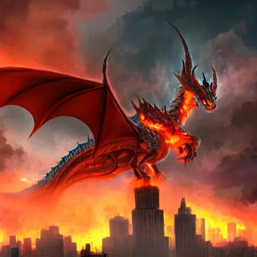 Image similar to large dragon flying over a city breathing fire, etheral, matte painting