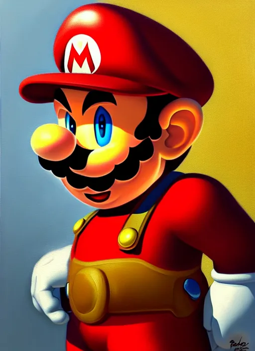 Prompt: oil painting of super mario from super mario, intricate, elegant, highly detailed, lighting, painting, artstation, smooth, illustration, art by greg rutowski and alphonse mucha