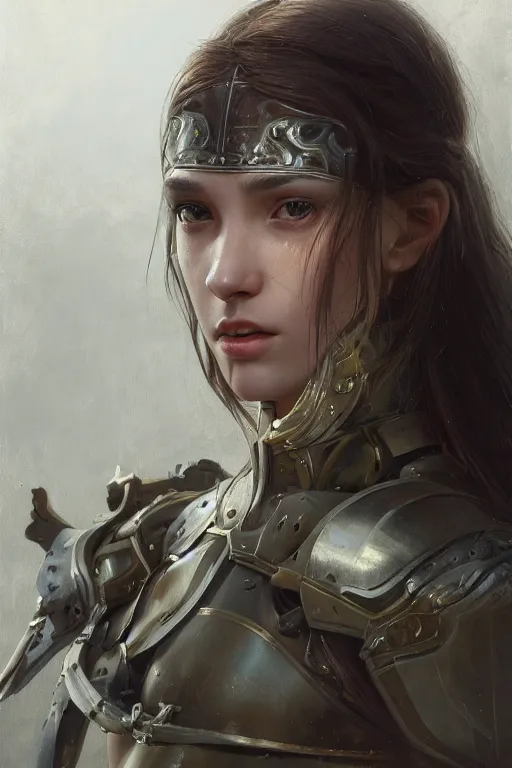 Prompt: a photorealistic painting of an attractive young girl, partially clothed in battle armor, olive skin, long dark hair, beautiful bone structure, symmetrical facial features, perfect eyes, intricate and elegant, digital painting, concept art, illustration, sharp focus, minimal artifacts, from Metal Gear, in the style of Ruan Jia and Mandy Jurgens, by Greg Rutkowski, trending on Artstation, award winning