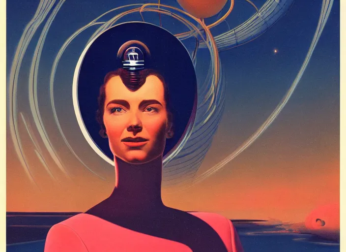 Image similar to portrait of a woman with swirling hair, illustration by Chesley Bonestell retrofuturism, reimagined by industrial light and magic