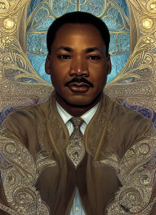 Image similar to Martin Luther King Jr handsome, intricate, elegant, highly detailed, centered, digital painting, artstation, concept art, smooth, sharp focus, illustration, art by artgerm and donato giancola and alphonse mucha