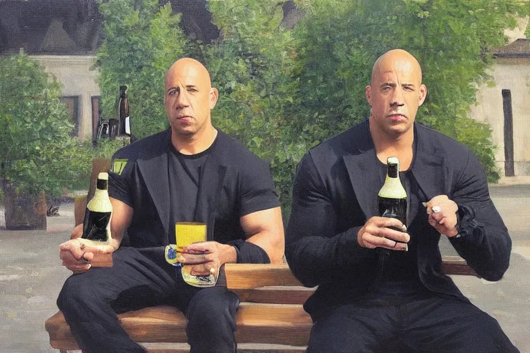 Prompt: vin diesel in an black sport adidas suite sits on a bench with a bottle of beer in the courtyard of a provincial russian town, oil on canvas, naturalism q