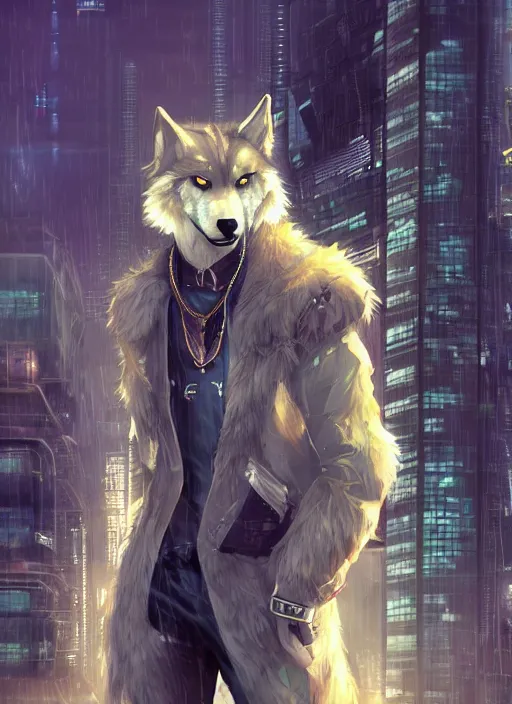 Image similar to character portrait of a male anthro wolf fursona with a tail and a cute beautiful attractive detailed furry face wearing stylish cyberpunk clothes in a cyberpunk city at night while it rains. hidari, color page, tankoban, 4K, tone mapping, Akihiko Yoshida.