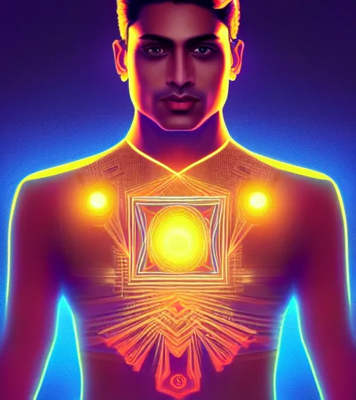 Image similar to symmetry!! indian prince of technology, solid cube of. light, hard edges, product render retro - futuristic poster scifi, lasers and neon circuits, brown skin handsome indian prince, intricate, elegant, highly detailed, digital painting, artstation, concept art, smooth, sharpfocus, illustration, dreamlike, art by artgerm