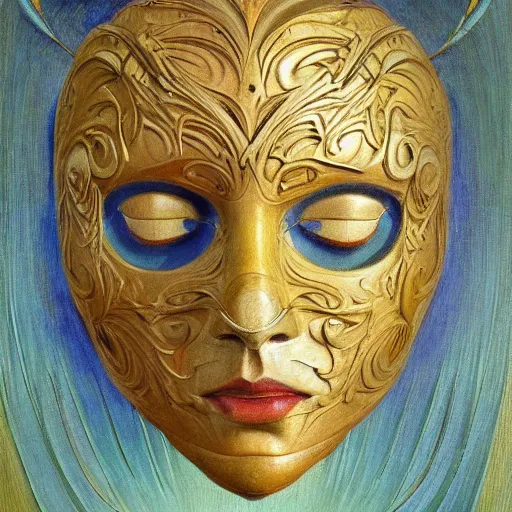 Image similar to masterpiece painting of a facemask made of stylized flowers, by annie swynnerton and jean delville and tino rodriguez and john watkiss, flower mask, art deco shaman, symbolist, dramatic lighting, god rays, elaborate geometric ornament, modern realism, clean crisp graphics, soft cool colors, smooth, sharp focus, extremely detailed