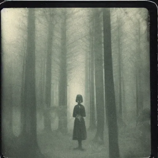 Image similar to an ancient evil-girl on a mysterious fractal forest, mist, 1910 polaroid photography, Black and white