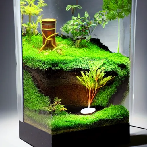 Prompt: a large terrarium with a diorama of a nuclear power industrial site inside on top of a minimalist table, lit from the side