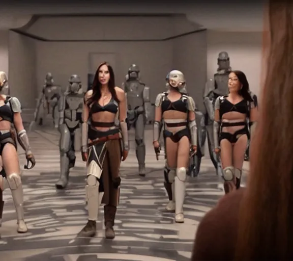 Image similar to Still of Megan Fox on the Jedi Council, being briefed on the clone wars, Star Wars Universe, Cinematic Lighting, beautiful composition, 8K resolution