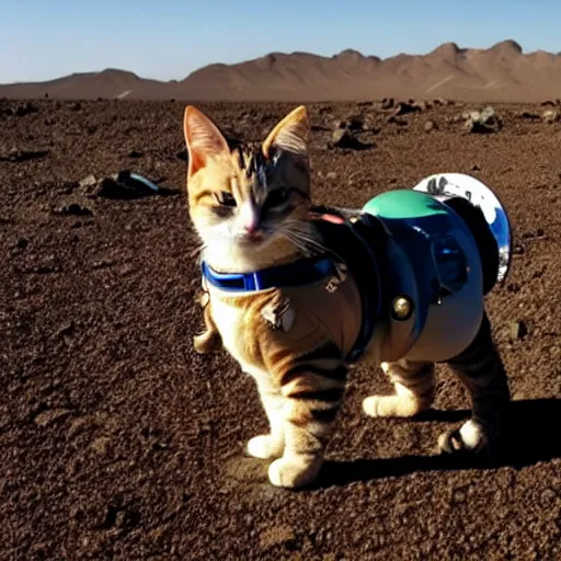 Image similar to cat wearing a spacesuit while walking on martian soil