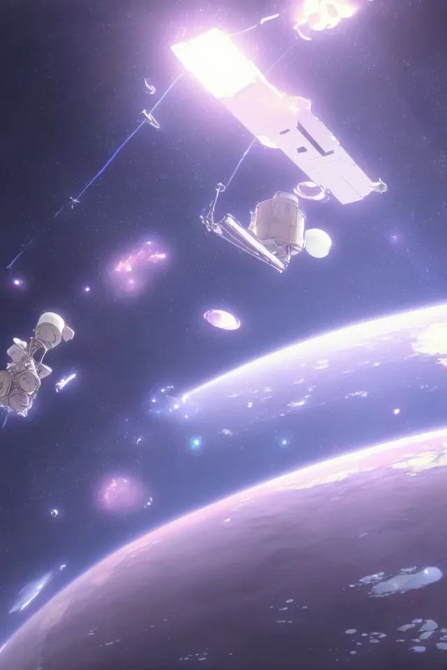 Image similar to a spacecraft moving towards earth by moebius and makoto shinkai, cinematic composition, wide shot