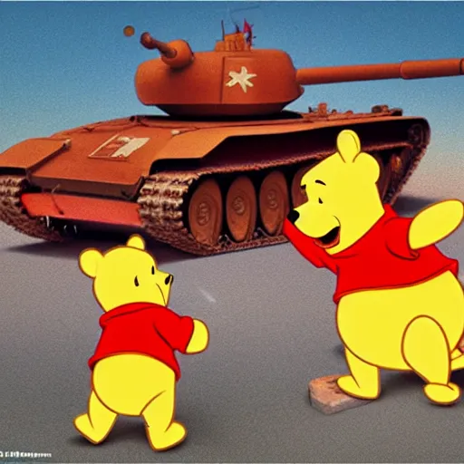 Image similar to winnie the pooh as tank man at tiananmen square sitting down in front of chinese tanks, award winning photography, extremely detailed, artstation, 8 k, sensual lighting, incredible art, wlop, artgerm