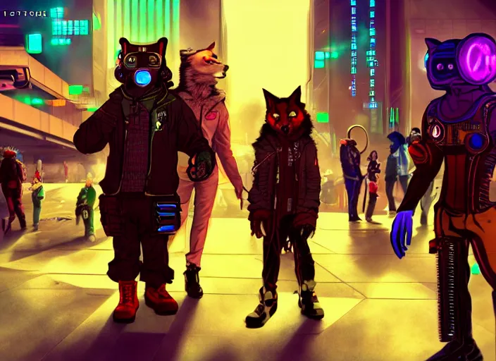 Image similar to high - resolution photograph from a cyberpunk era furry fandom convention ( midwest furfest 2 0 4 7 ), taking place after the genetic revolution and quantum singularity. photorealistic.