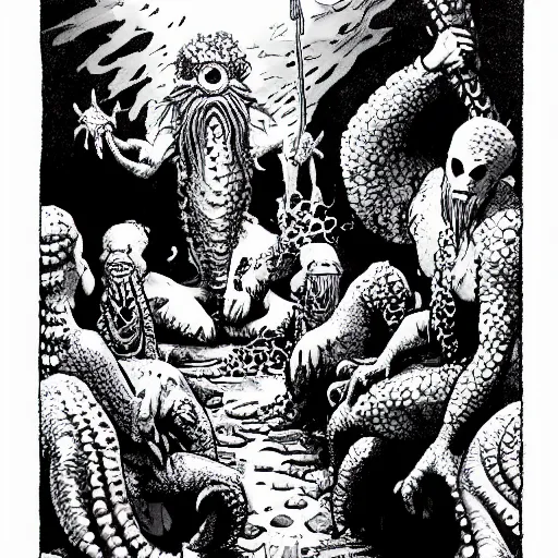 Prompt: Fishmen worship a statue of Cthulu in a dark cave. D&D. Pen and ink. Black and white. Mike Mignola, Erol Otus, Larry Elmore.