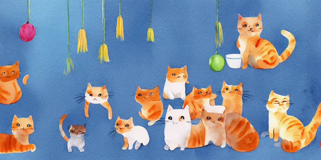 Image similar to watercolor illustration style, cute cats training in cat gym club