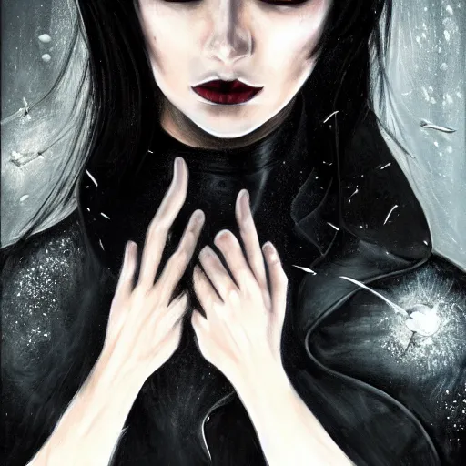 Image similar to furious dark haired women, wearing black coat, black makeup, ice mage, shooting ice, oil painting, fantasy artwork, fantastic artwork, 4 k, trending on artstation