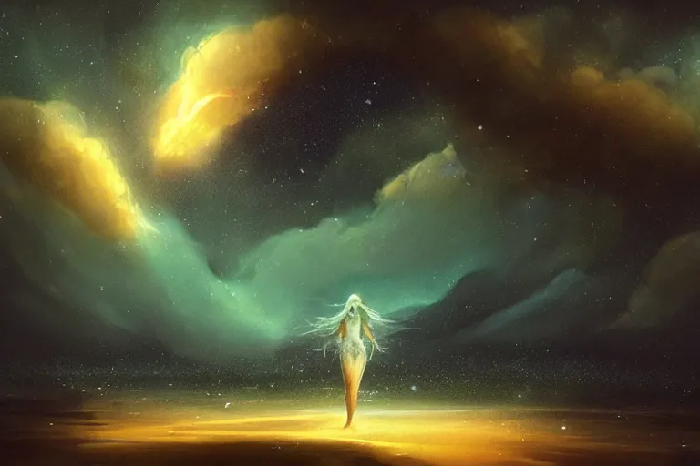 Image similar to the night sky is an upside down ocean, the stars are fish in the depths, the night sky is a sea, distant nebula are glowing algae, the ghostly hair of a mermaid looks down from the veil of the sky, her hair is the milky way, fantasy painting by jessica rossier