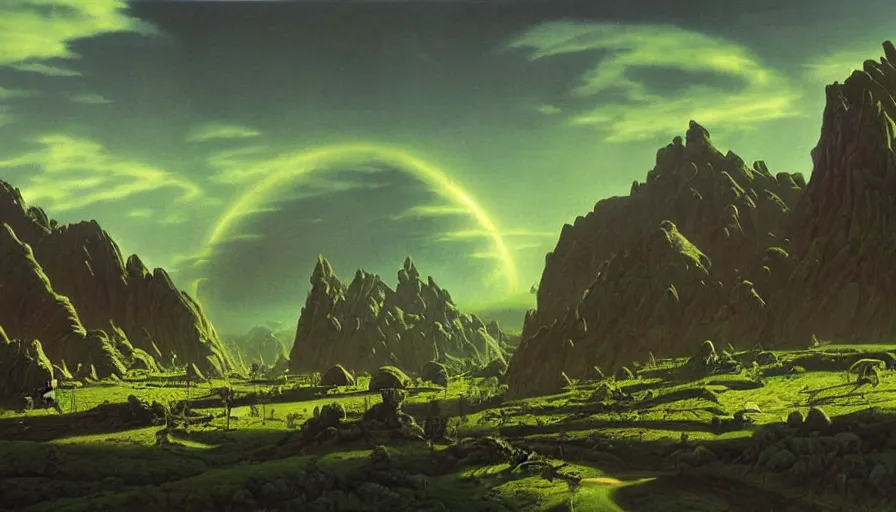 Prompt: ladnscape painting of Shadowmoon Valley from World of Warcraft, art by chesley bonestell