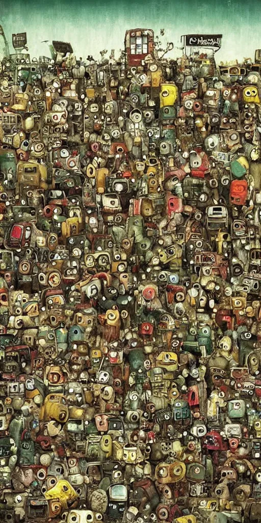 Image similar to a mobile phone junkyard scene by alexander jansson and where's waldo