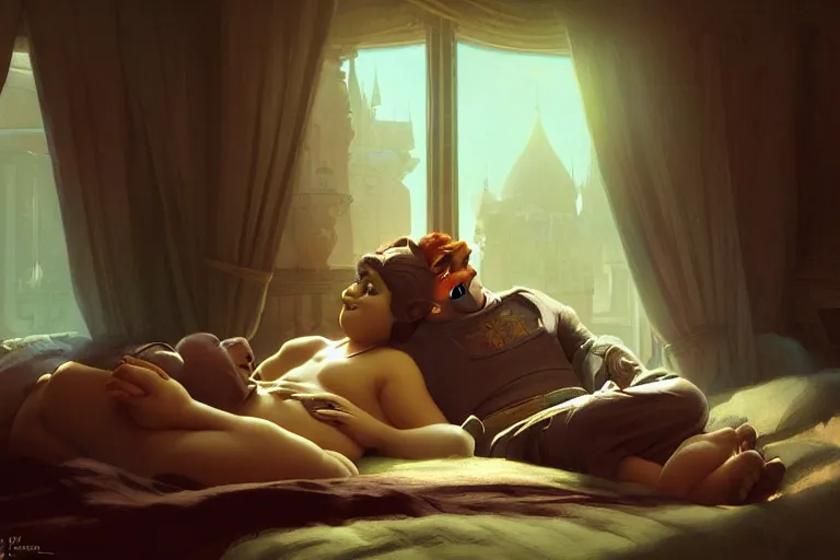 Image similar to pushkin and shrek lying in bed together, portrait, highly detailed, digital painting, artstation, concept art, smooth, sharp focus, illustration, cinematic lighting, art by artgerm and greg rutkowski and alphonse mucha