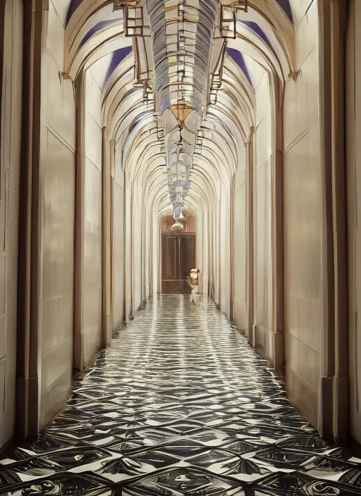 Prompt: a photograph of a symmetrical hallway in the grand budapest hotel, 3 5 mm, film camera, dezeen, architecture
