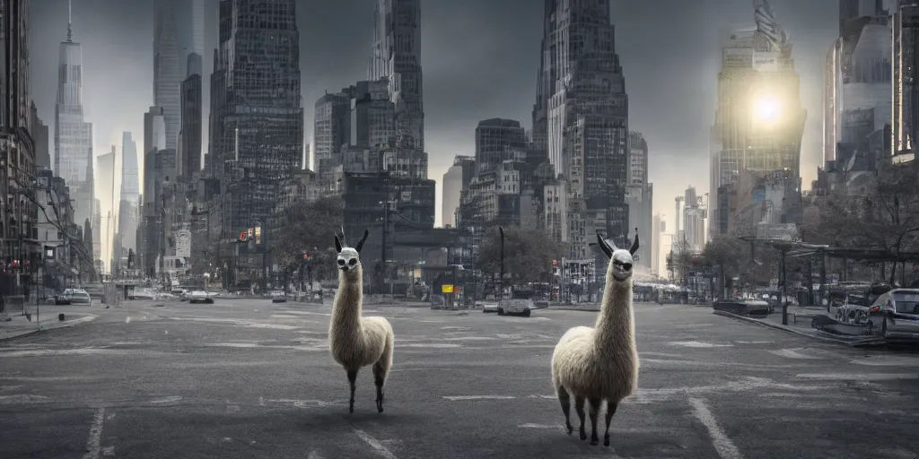 Image similar to a llama walking through a desolate manhattan city street at night, statue of liberty seen in the background, realistic 4 k octane beautifully detailed render, 4 k post - processing, highly detailed, detailed face, intricate complexity, epic composition, magical atmosphere, cinematic lighting, masterpiece, ultra hd