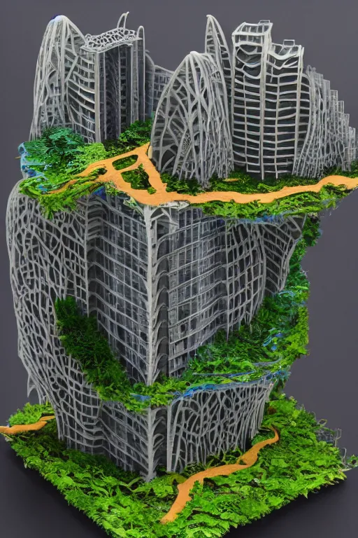 Image similar to 3 d printed physical model organic flowy including more than one city into one vertical building model that sits on a table in a room with a view back, multiple stories, transparent, with vegetation, colorful, wooden material, section cut, eye - level view, 8 0 k, octane render, highly detailed 3 d render,