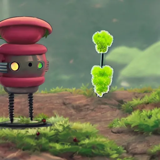 Prompt: cute robot made of plants wearing tomato hat and a chive sword, made in abyss style