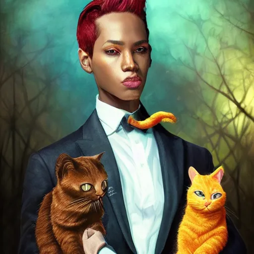 Image similar to portrait of a beautiful nonbinary actor with dark skin and messy short red hair wearing a men's suit, elf ears and gold cat's eyes, by Gerald Brom and Ross Tran, dramatic lighting, 4K, trending on artstation