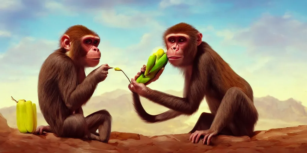 Image similar to a monkey on planet mars eating banana, artstation top, high definition, deviant art, extremely beautiful