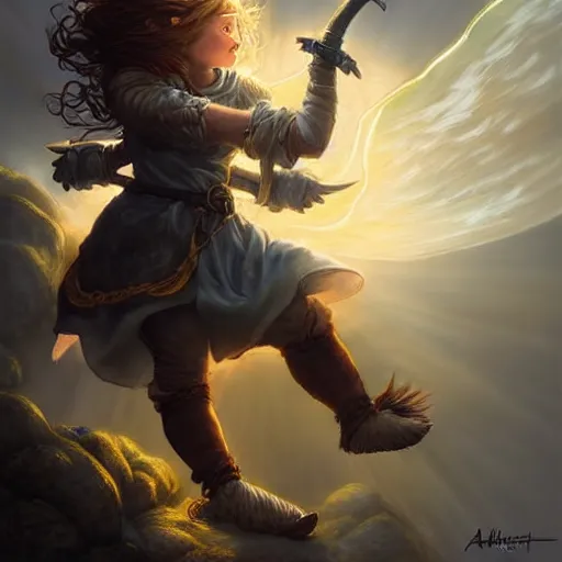 Image similar to full body portrait of a female halfling hobbit monk fistfighter warrior, communing with her goddess of mist and light, flowing robes and leather armor, detailed dynamic light painting by albrecht anker and peter mohrbacher