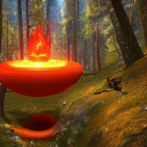 Prompt: a beautiful firey portal to another dimension, floating in the air, in a forest clearing, hyper detailed, 8 k