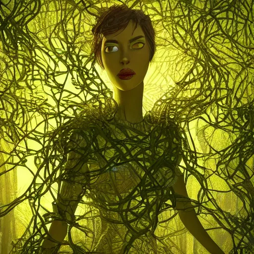 Prompt: a giant lady made of vines and leaves Dramatic Lighting, Trending on Artstation HQ, 4K, UHD.