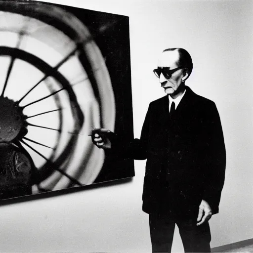 Image similar to underexposed photo of Marcel Duchamp in a room with an ancient machine, Kodachrome, minimal photography, historical event, archival pigment print in the style of Hito Steyerl, contemporary art