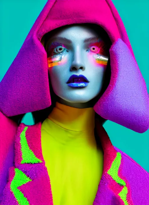 Image similar to stylish coat for a rave, bright colors, many details, prints, photo for a magazine, photo for a store, fashion photography, Vogue, 135 mm, cinematic, hyper realism, high detail, octane render, 8k, chrome accents, very coherent symmetrical artwork, perfect face model, full length photo, Upper and lower body, even skin tone