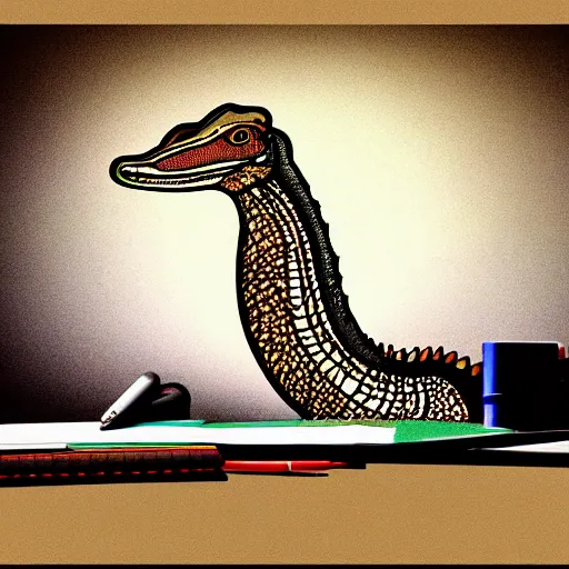 Image similar to curious indian gharial studying at desk, artstation, colorful