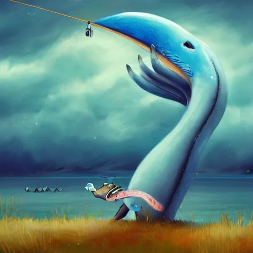 Prompt: an anthropomorphic cat is holding a fishing rod, trying to fish the blue whale in the cloudy colorful sky , digital art, trending on Artstation