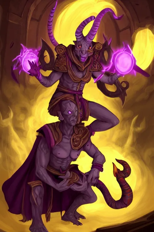 Prompt: tiefling warlock with white horns on his head, purple skin, red glowing eyes, he is casting a destruction spell, an imp is sitting on his shoulder and the background is a friendly tavern. dungeons and dragons, highly detailed, digital painting, artstation, concept art, sharp focus, illustration, art by Leonardo da Vinci and Michelangelo and Botticelli