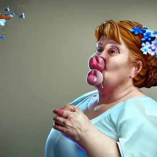 Image similar to of a very funny scene. ambient occlusion render. a sweet fat old woman is in kissing her reflection. flowery dress. mirror. symmetrical face, red mouth, blue eyes. deep focus, lovely scene. ambient occlusion render. concept art. unreal engine.