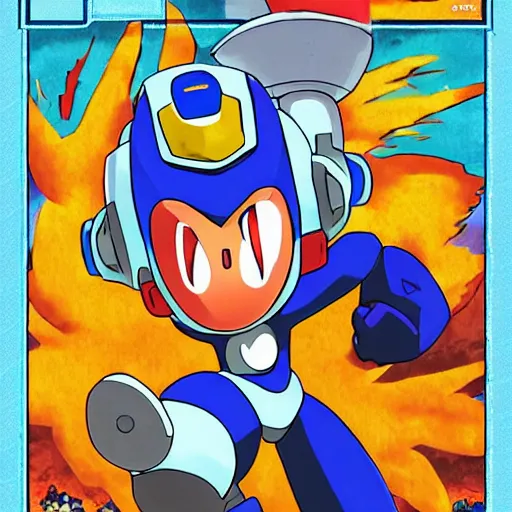 Prompt: new megaman enemy 'chickenman' who has the power of shooting eggs at you, classical anime artist design, Japanese game box cover, high quality detail, Nintendo campcom game design, clean uploaded scan, bright colours