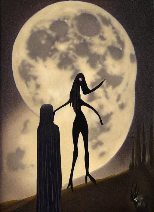 Image similar to surrealism, low polygon, a dark witch in front of the full big moon, painting by abercrombie, gertrude