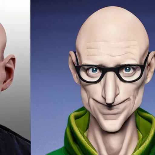 Image similar to A middle-aged Dr. Venture in real life with a hooked nose, a long gaunt face and skinny body and neck, very thin and bald, realistic, very realistic, hyperrealistic, highly detailed, very detailed, extremely detailed, detailed, digital art, oil painting, trending on artstation, headshot and bodyshot, detailed face, very detailed face, extremely detailed face, HD Quality, 8k resolution, very very detailed face, real life