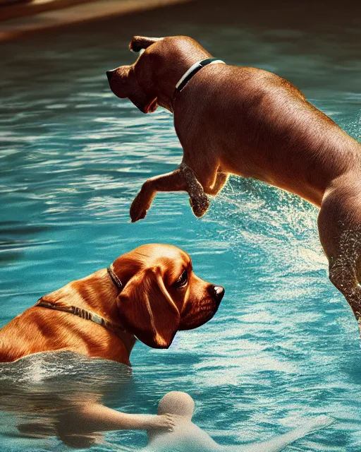 Image similar to dog swimming in the river, hyper realism, cinematic, volumetric lighting, dramatic ambient lighting, epic composition, high detail, octane render, unreal engine, 8 k, professional photo, photorealistic, intricate complexity, extremely detailed,