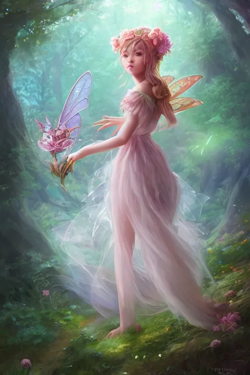 Image similar to a cute and geogerous fairy in the dreamy forest, fantasy, dreamlike, 8 k resolution, hyper detailed, d & d, character design, digital painting, trending on artstation, sharp focus, illustration, art by viktoria gavrilenko, hoang lap, fuji choko, steve zheng,