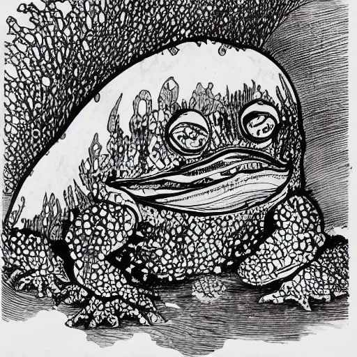 Image similar to deep camouflage angry toad evil eyes poking out eyes from under the water ultra sharp blur background simple background psychedelic contour ink drawing gustave dore katshushika Hokusai big eyes