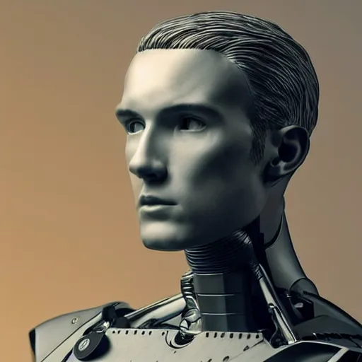 Image similar to “a realistic detailed photo of a guy who is an attractive humanoid who is half robot and half humanoid, who is a male android, News reporter Anthony Conn, shiny skin, posing like a statue, blank stare, reporting the news, on display, sparks coming out of his neck”